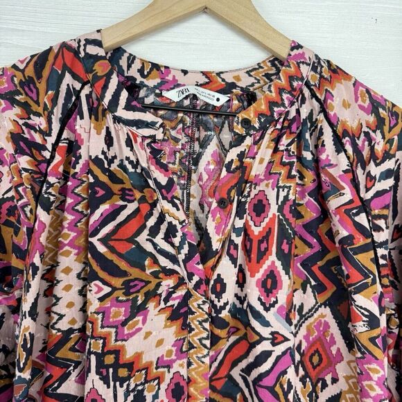 Zara Long Sleeve Mini Dress L Red Pink Geometric Tribal Print Button Front Boho - Picture 5 of 16